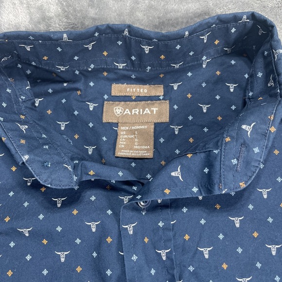 Ariat Shirt Mens Large Blue AOP Bulls Long Sleeve Button Western Ranch Fitted - Picture 3 of 10